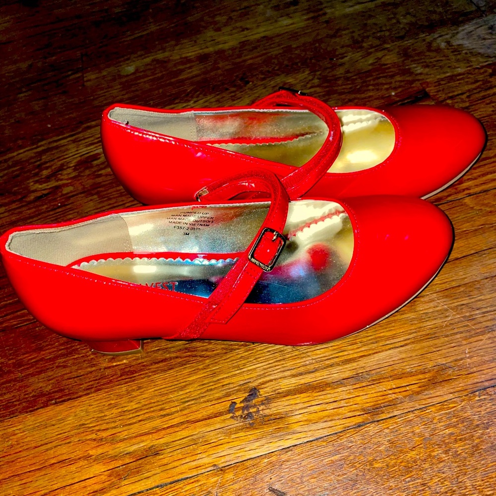 Red Nine West patent leather Mary Janes
